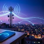 5G packages in Pakistan: telecom tower sending signals over a city at dusk (AI-generated illustration)