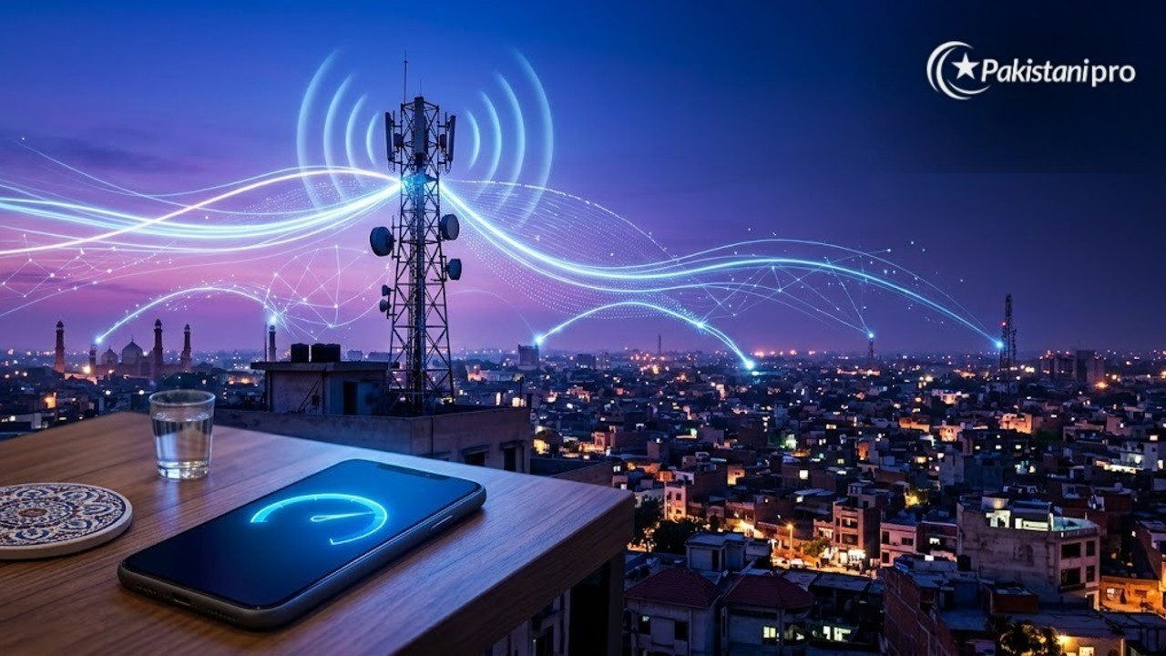 5G packages in Pakistan: telecom tower sending signals over a city at dusk (AI-generated illustration)
