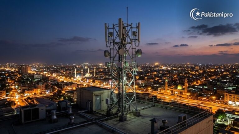 5G in Pakistan: mobile tower on a city rooftop at dusk (AI illustration)