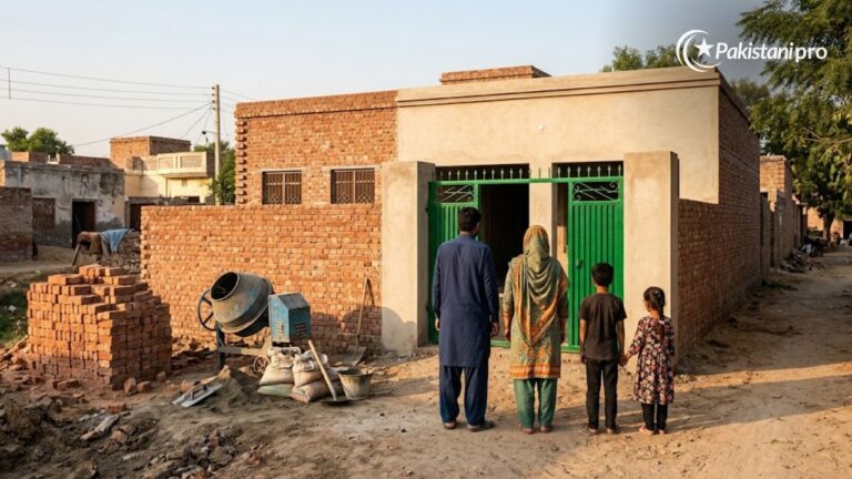 Newly built house with a family at the gate under the Apni Chhat Apna Ghar scheme in Punjab