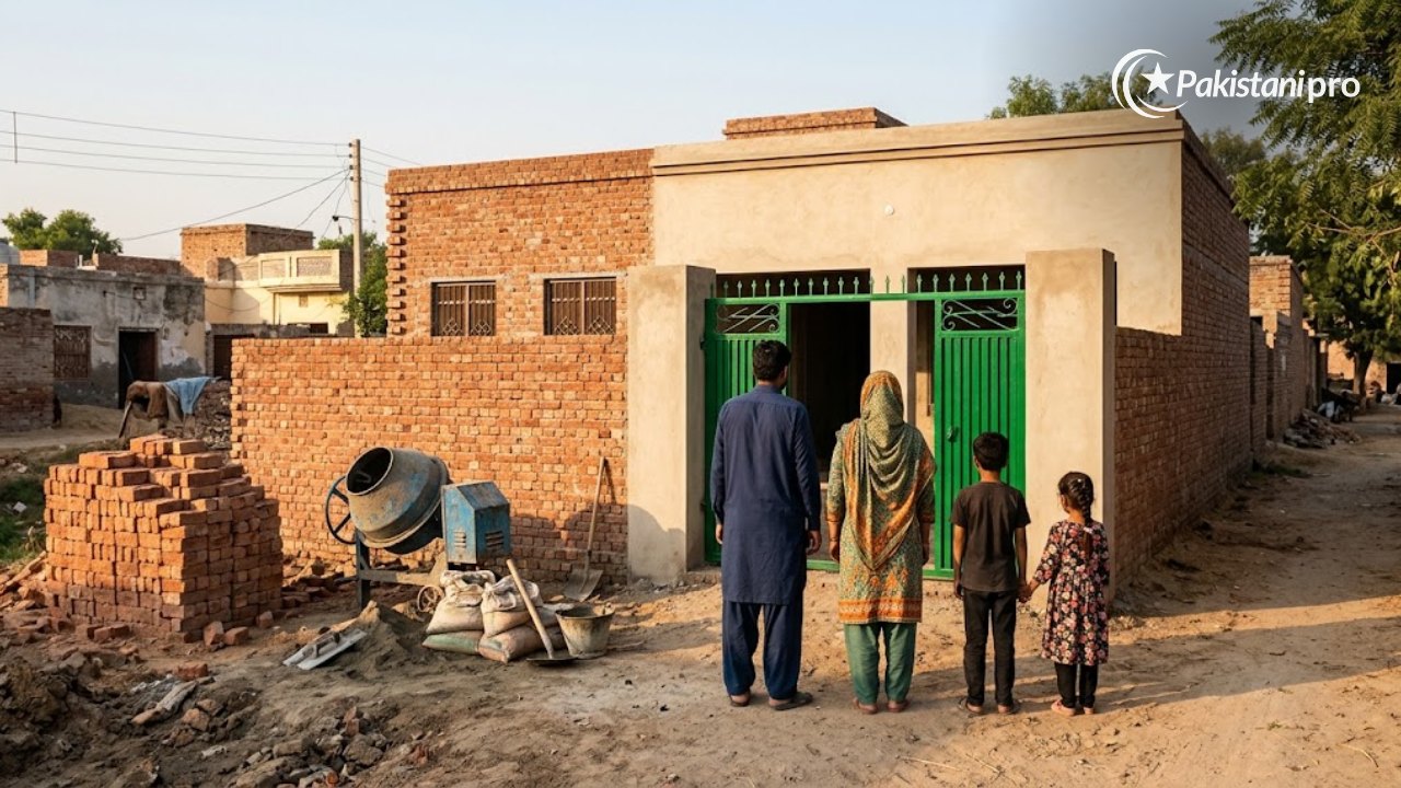 Newly built house with a family at the gate under the Apni Chhat Apna Ghar scheme in Punjab