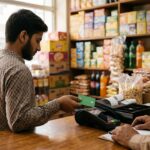 Shopkeeper paying a supplier with a green card at a store counter, illustrating the Asaan Karobar Card