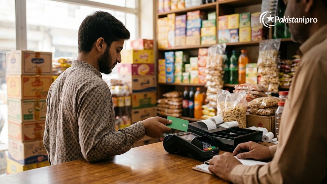 Shopkeeper paying a supplier with a green card at a store counter, illustrating the Asaan Karobar Card