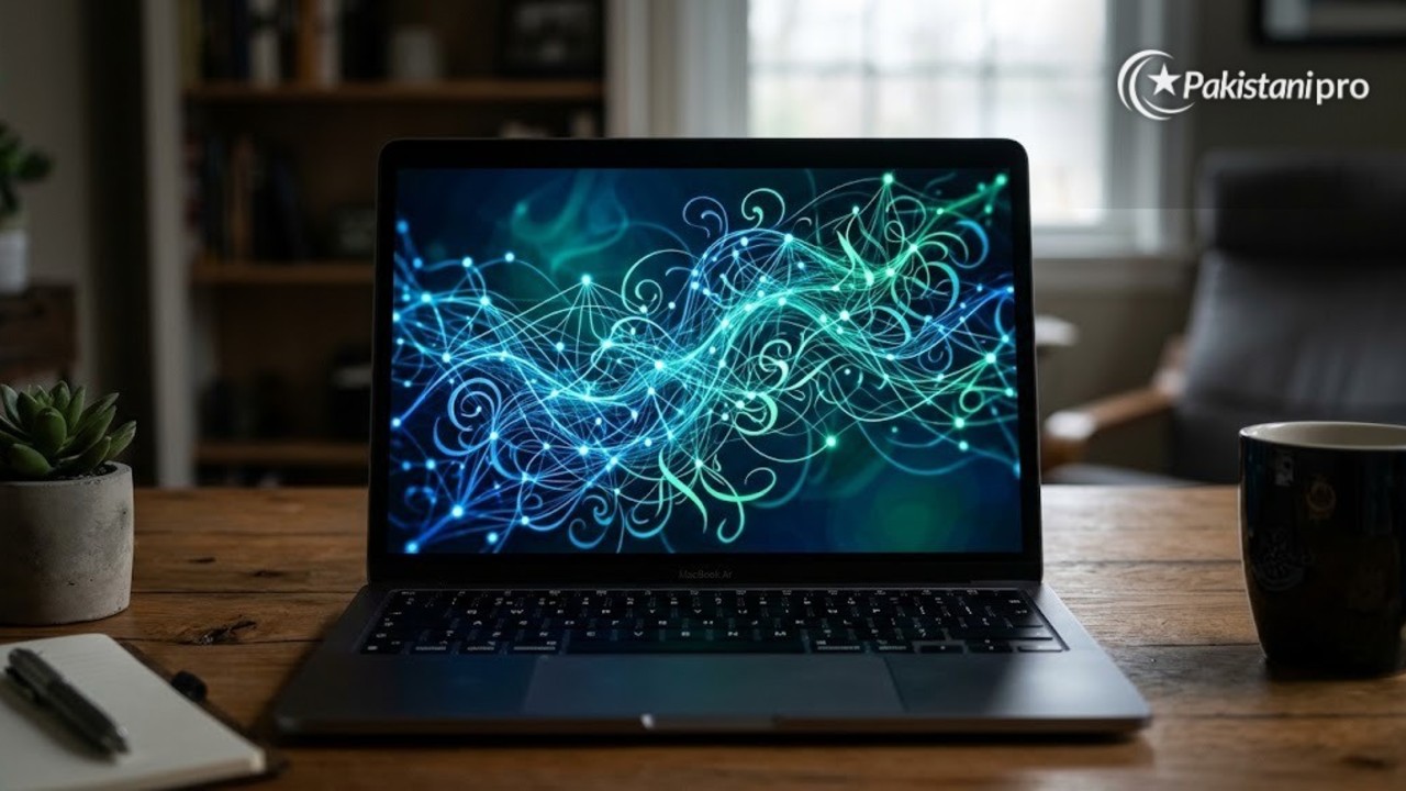 Urdu AI model: laptop screen with abstract Urdu-style script and AI network graphics (AI illustration)