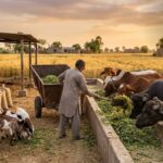 Farmer feeding buffaloes and cows at a dairy farm in Punjab, illustrating the Livestock Card