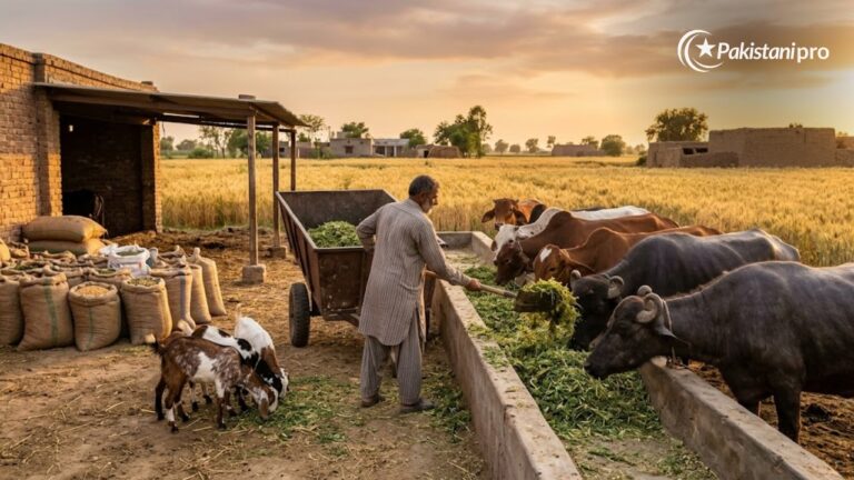 Farmer feeding buffaloes and cows at a dairy farm in Punjab, illustrating the Livestock Card