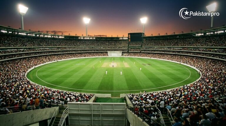 Pakistan vs Sri Lanka 1st ODI: cricket stadium under floodlights (AI illustration)
