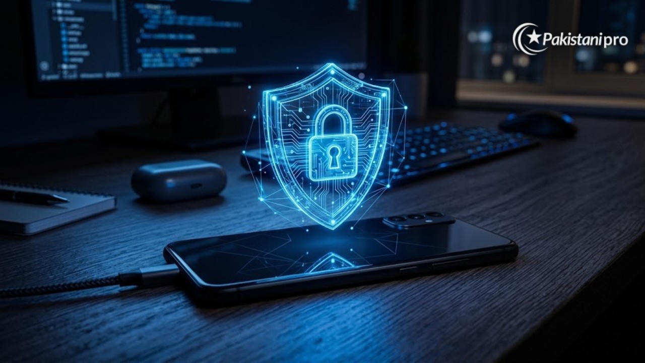 Report cybercrime: smartphone with a security shield and padlock (AI illustration)
