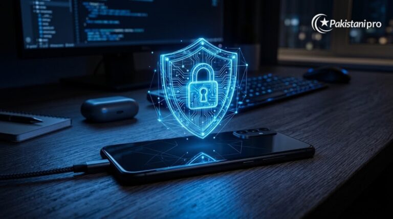 Report cybercrime: smartphone with a security shield and padlock (AI illustration)