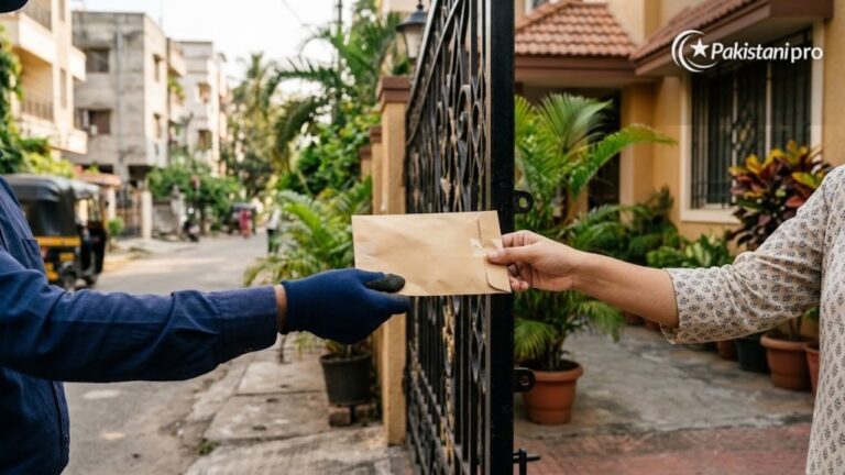Islamabad driving license home delivery: courier handing an envelope at a house gate (AI illustration)