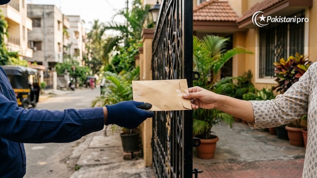 Islamabad driving license home delivery: courier handing an envelope at a house gate (AI illustration)
