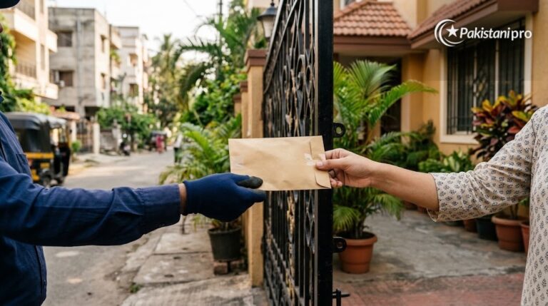 Islamabad driving license home delivery: courier handing an envelope at a house gate (AI illustration)