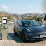 Electric car charging at a fast-charging station at a motorway service area