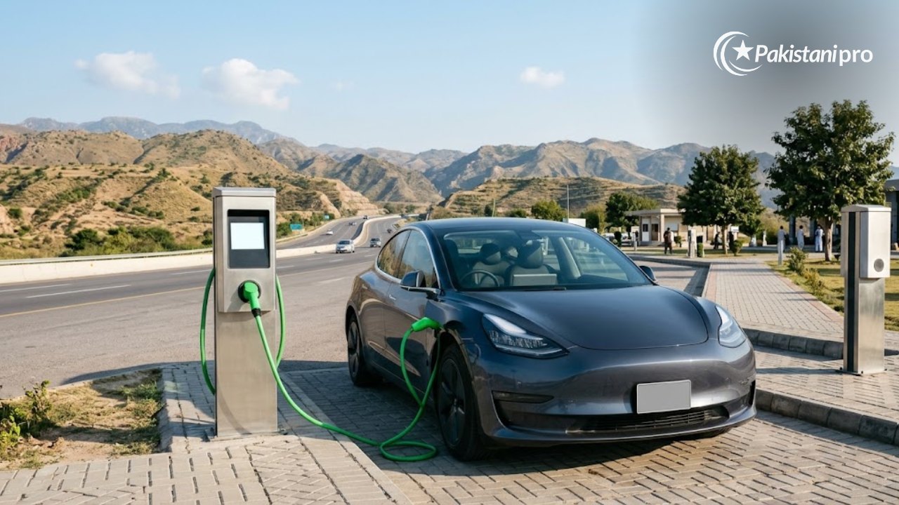 Electric car charging at a fast-charging station at a motorway service area