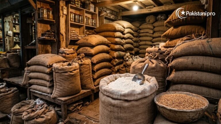 Flour price in Pakistan: flour sacks and wheat in a grocery shop (AI illustration)