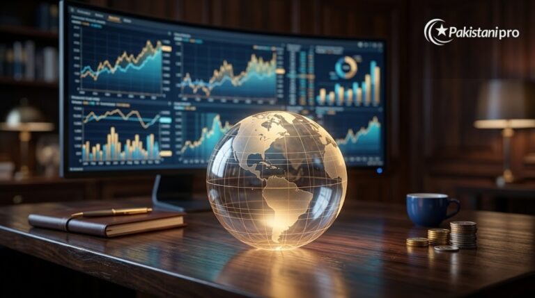 IMF and World Bank: glass globe with financial charts (AI illustration)
