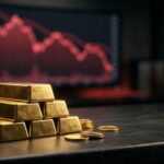 Gold bars and coins with a falling price chart in the background