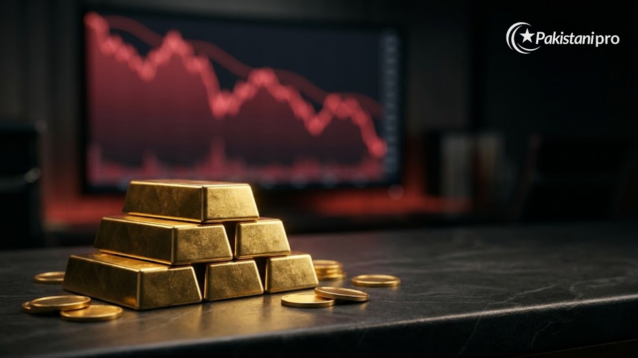 Gold bars and coins with a falling price chart in the background