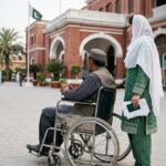 Man in a wheelchair with a family member holding a green card outside a government office, illustrating the Himmat Card