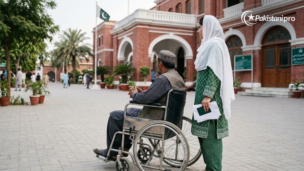 Man in a wheelchair with a family member holding a green card outside a government office, illustrating the Himmat Card