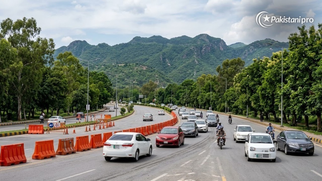 Islamabad road closures: traffic police directing cars on a city road (AI illustration)