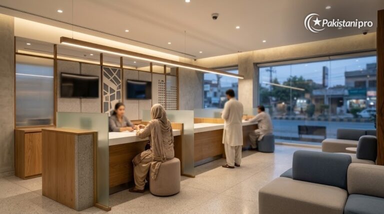 Meezan Bank profit: modern bank branch interior with customers at counters (AI illustration)