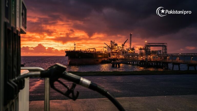Oil tanker at an oil terminal at dusk with a fuel nozzle in the foreground, illustrating rising oil prices