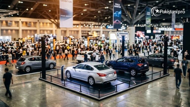 AI-generated illustration of new cars on display at an indoor auto show