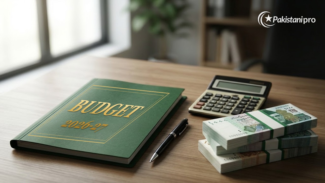 Green budget book with Budget 2026-27 in gold, calculator, pen and Pakistani rupee notes on a desk