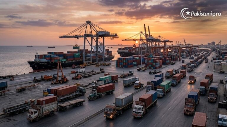 Pakistan GDP growth: container port with cranes and cargo ships (AI illustration)
