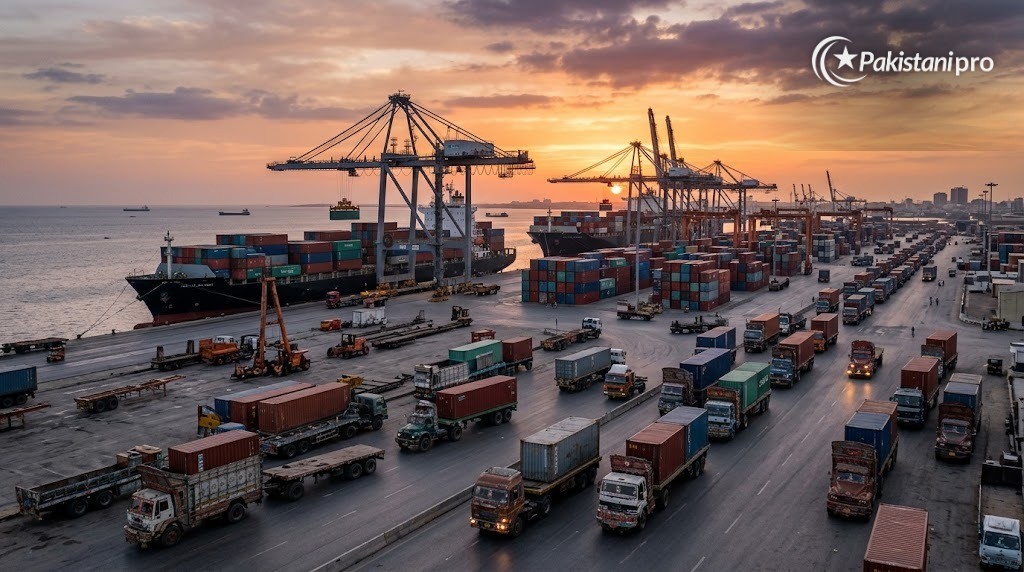 Pakistan GDP growth: container port with cranes and cargo ships (AI illustration)