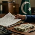 Loan documents, dollar notes and a calculator on a desk in a government finance office