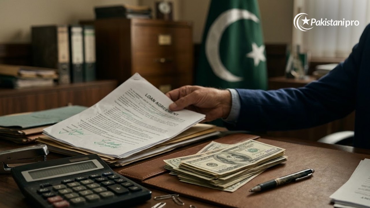 Loan documents, dollar notes and a calculator on a desk in a government finance office