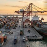 Pakistan US trade: cargo containers at a port with a ship being loaded (AI illustration)