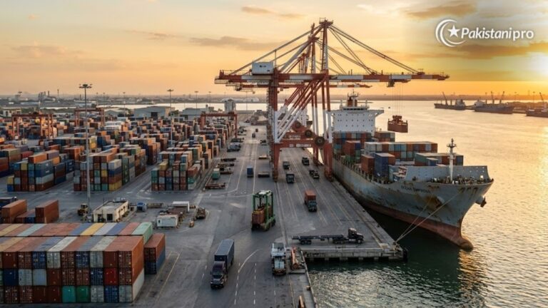 Pakistan US trade: cargo containers at a port with a ship being loaded (AI illustration)