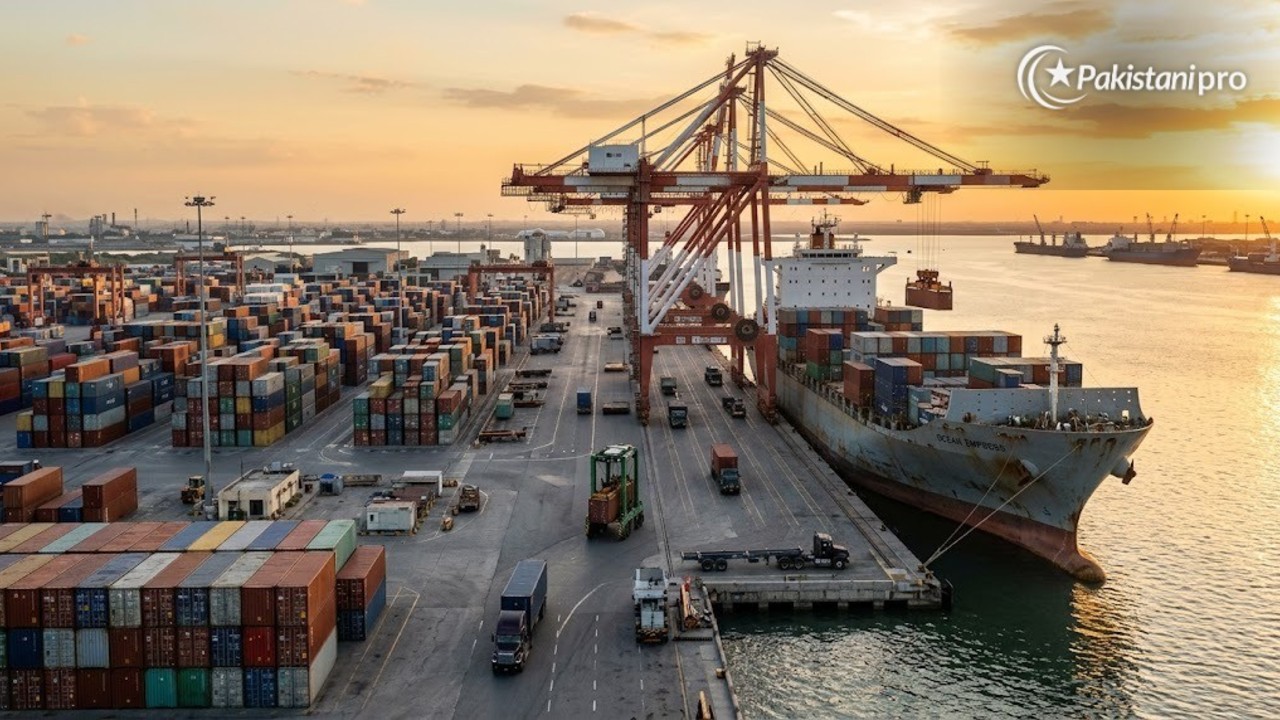 Pakistan US trade: cargo containers at a port with a ship being loaded (AI illustration)