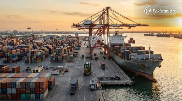 Pakistan US trade: cargo containers at a port with a ship being loaded (AI illustration)