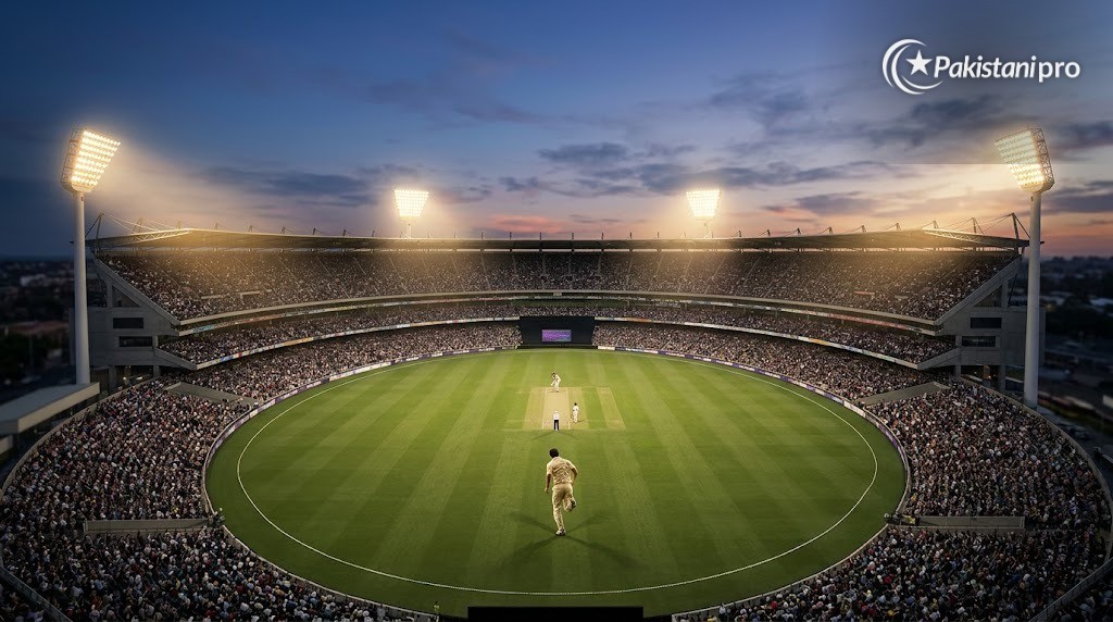 Pakistan vs England: bowler running in to bowl in a day-night ODI (AI illustration)