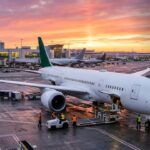 White wide-body passenger jet with a green tail parked at an airport gate at sunrise