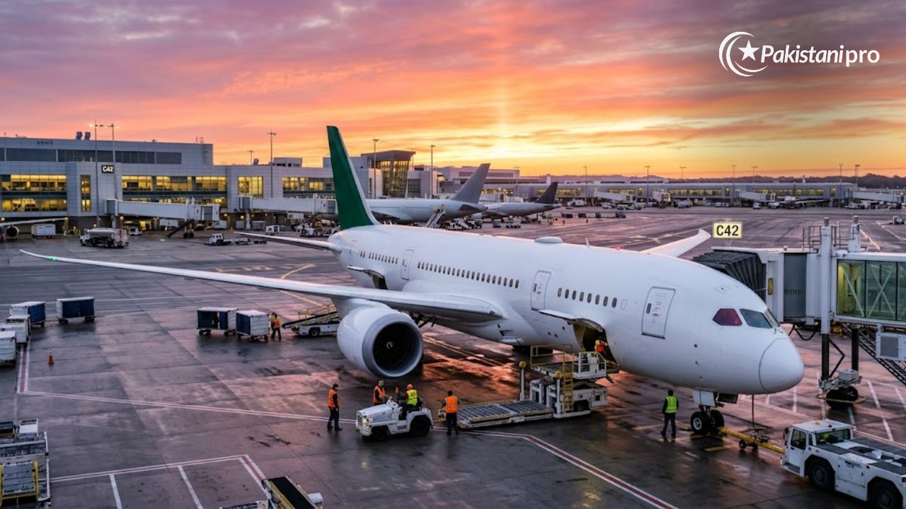 White wide-body passenger jet with a green tail parked at an airport gate at sunrise