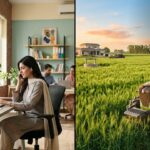 Young woman entrepreneur on a laptop and a young farmer with a tractor, illustrating the PM Youth Loan Scheme