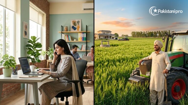 Young woman entrepreneur on a laptop and a young farmer with a tractor, illustrating the PM Youth Loan Scheme