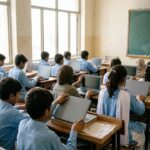 Government school students opening new Chromebook laptops in a classroom