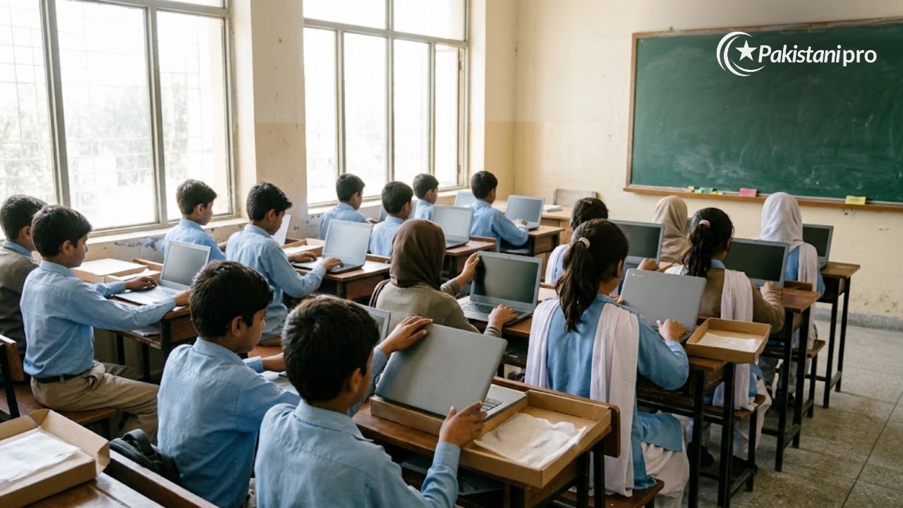 Government school students opening new Chromebook laptops in a classroom