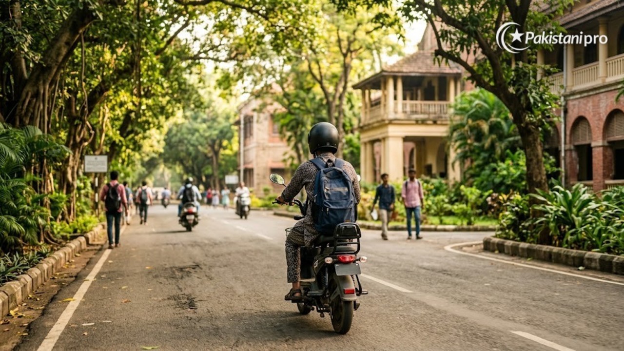 Punjab e-bike scheme: student riding a bike on a campus road (AI illustration)