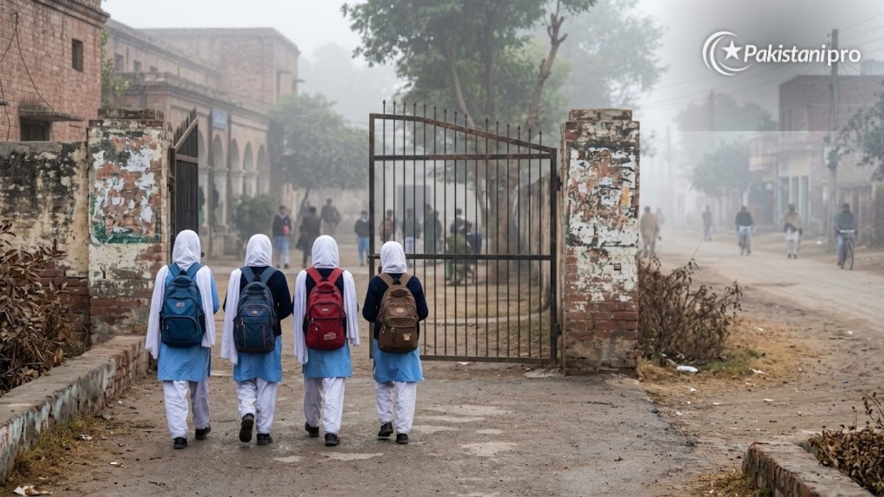 Punjab school timings: schoolgirls in uniform walking to a school gate (AI illustration)