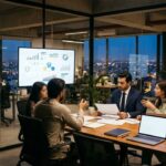 Startup team and a banker reviewing charts in an office, illustrating SBP limits on bank investment in startups