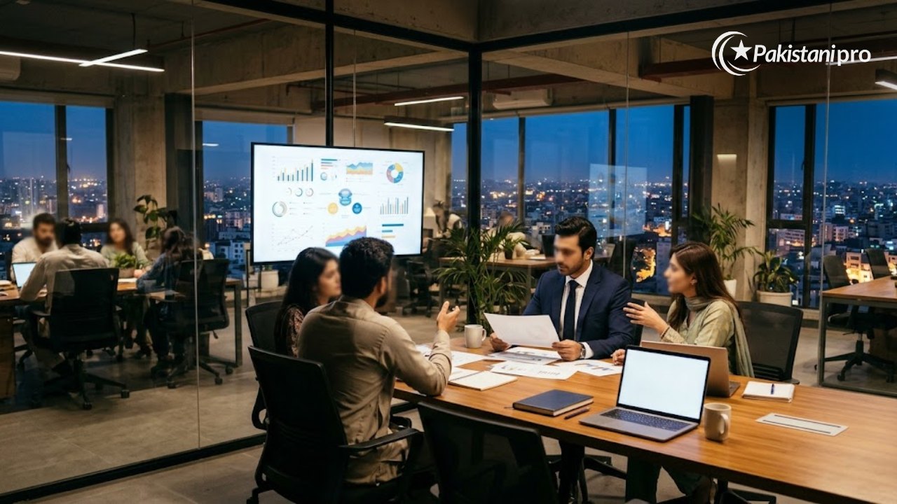 Startup team and a banker reviewing charts in an office, illustrating SBP limits on bank investment in startups