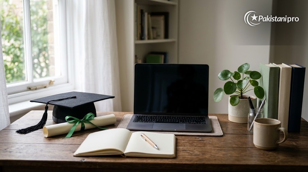 Scholarships for Pakistani students: graduation cap and diploma on a study desk (AI-generated illustration)