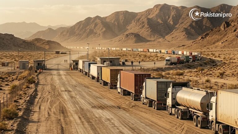 Pakistan-Iran border trade: cargo trucks waiting at a desert border crossing (AI illustration)